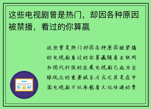 这些电视剧曾是热门，却因各种原因被禁播，看过的你算赢