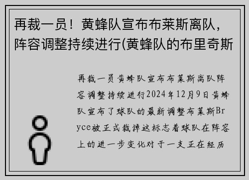 再裁一员！黄蜂队宣布布莱斯离队，阵容调整持续进行(黄蜂队的布里奇斯)