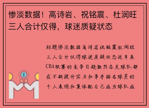 惨淡数据！高诗岩、祝铭震、杜润旺三人合计仅得，球迷质疑状态