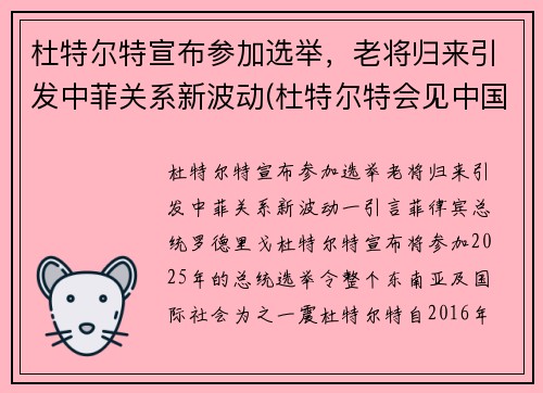 杜特尔特宣布参加选举，老将归来引发中菲关系新波动(杜特尔特会见中国演员)