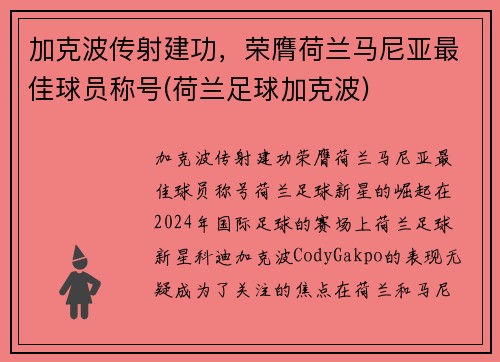 加克波传射建功，荣膺荷兰马尼亚最佳球员称号(荷兰足球加克波)